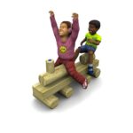 Two children sit on a wooden seesaw made from logs. One child raises their arms and smiles, whilst the other sits behind them, holding on.