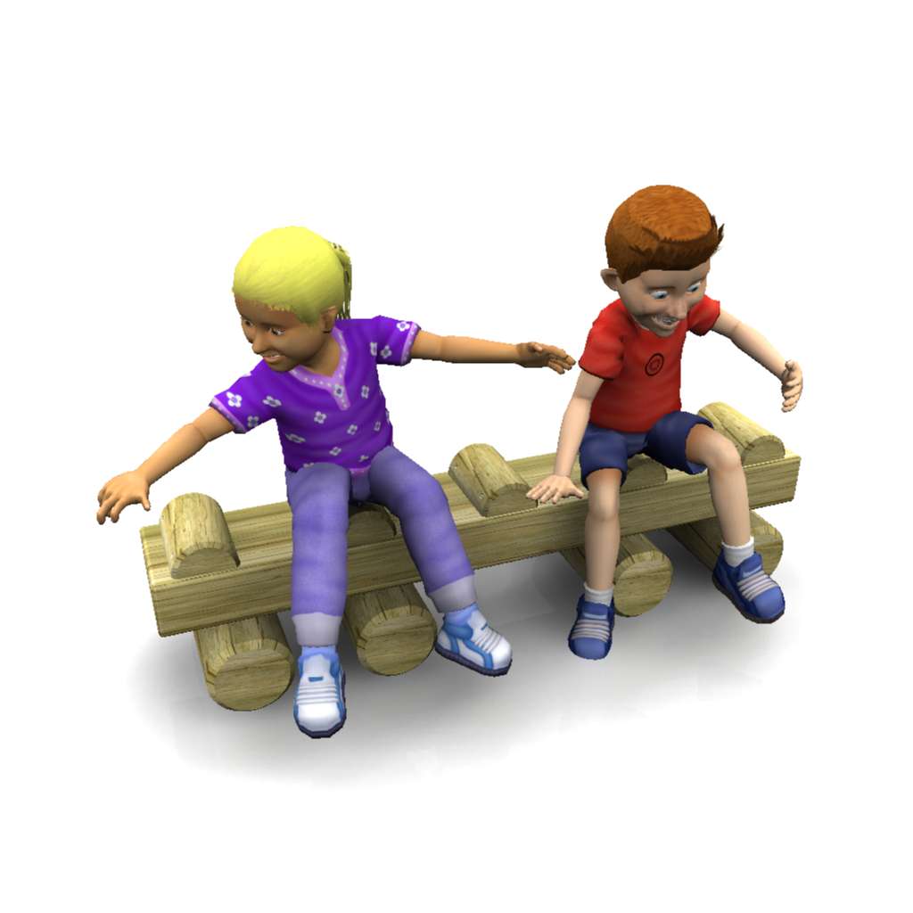 Two children, one with blonde hair and one with brown hair, sit on a wooden seesaw made of logs, facing opposite directions with their arms outstretched for balance.