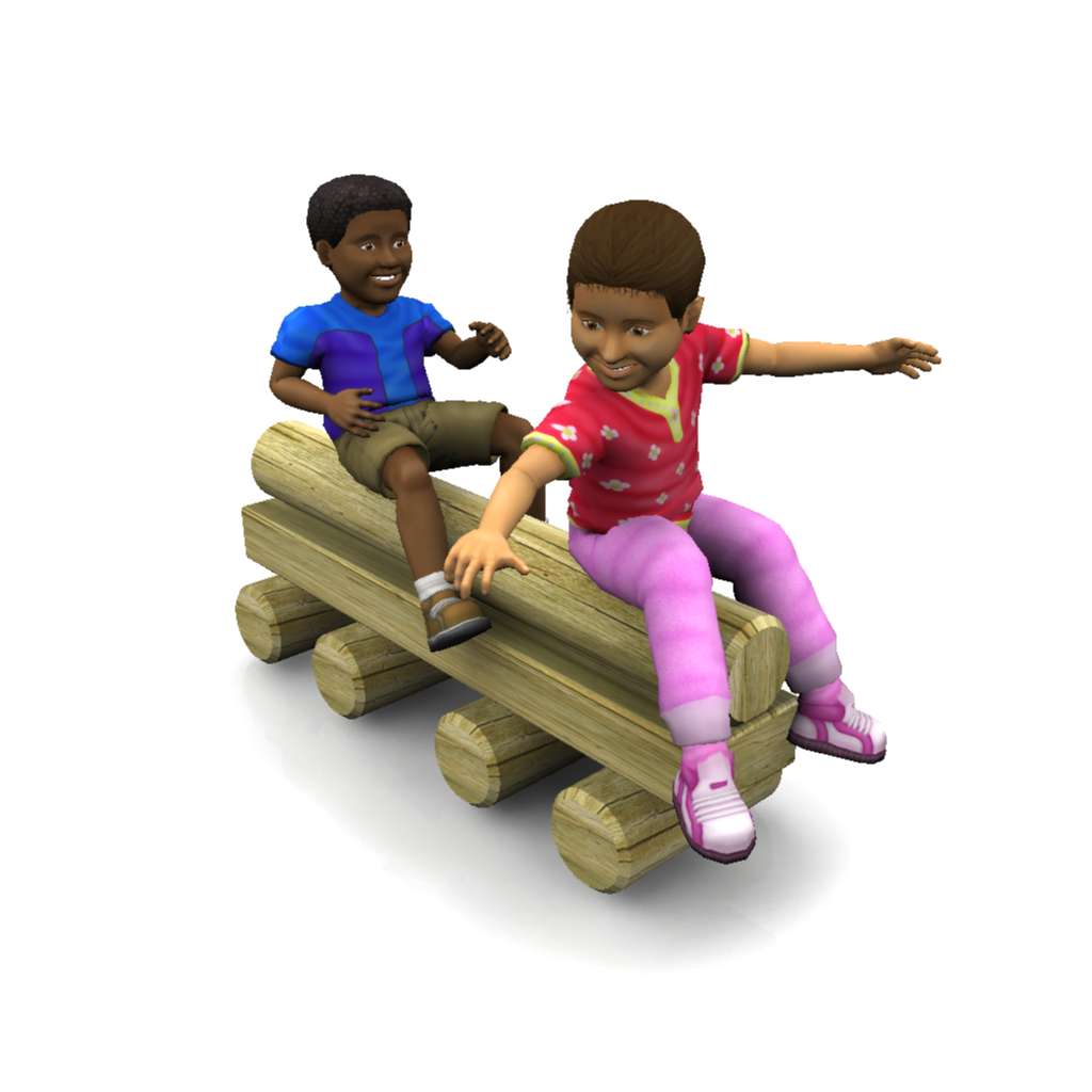 Two children sit and balance on a wooden log structure, smiling and appearing to play together against a white background.