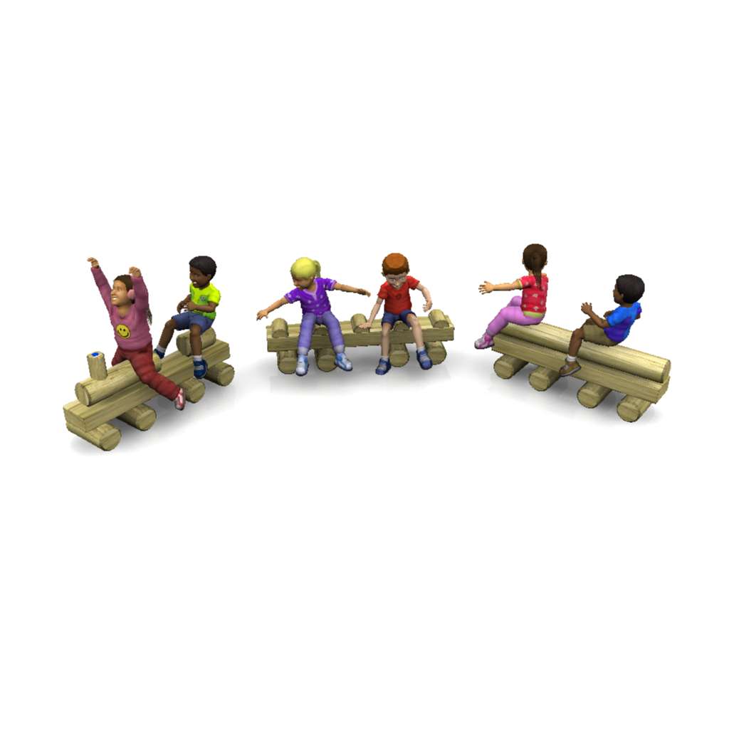Six children sit on wooden benches arranged in a curve, with some raising their arms and others sitting calmly, viewed from above.