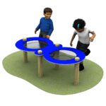 Two children engage in fun water play activities at a blue, double-basin outdoor water play table standing on a grassy patch.