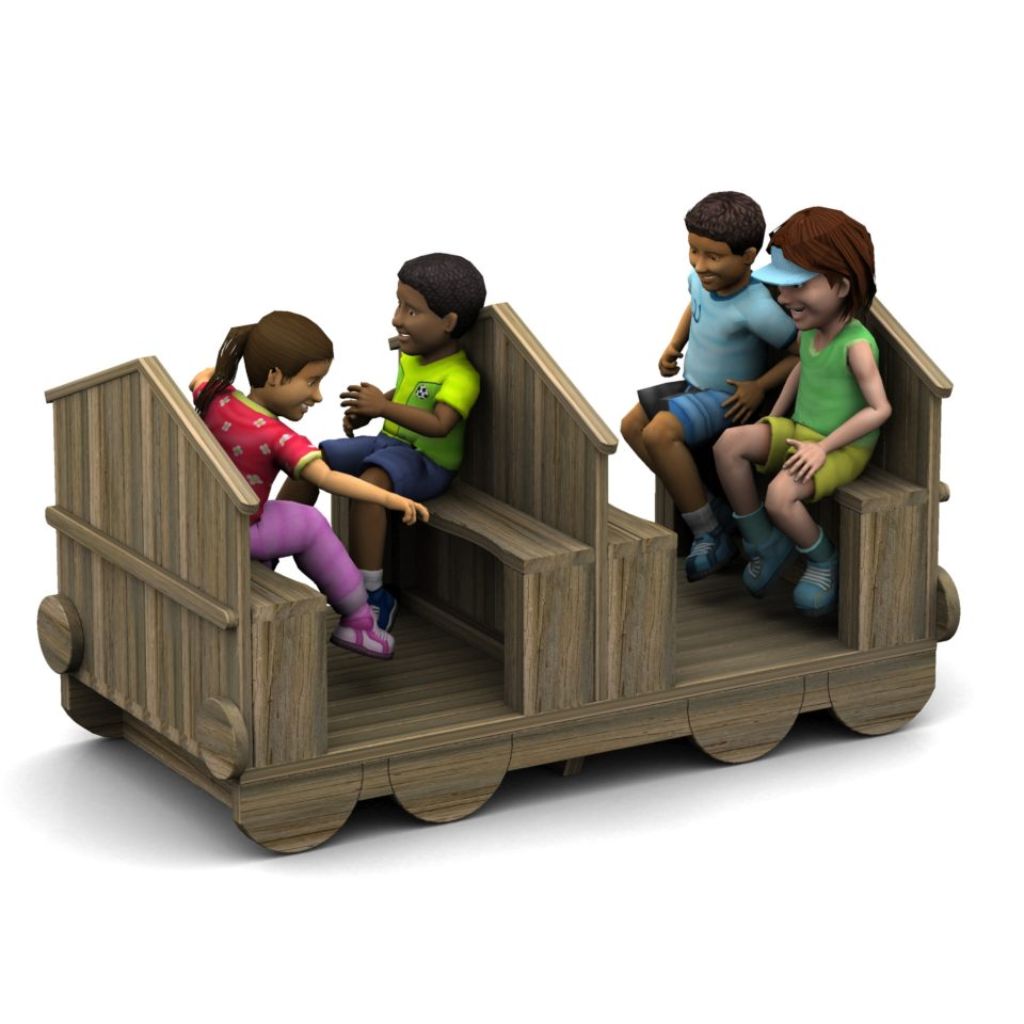 Four children are sitting and interacting on a wooden play structure shaped like a cart with seats and wheels.