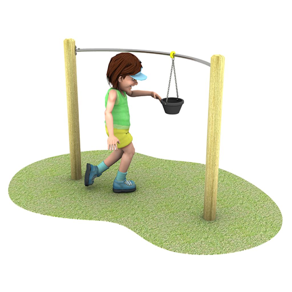 A child in shorts and a visor steps across grass, holding a small hanging bucket attached to a curved metal bar between two wooden posts.