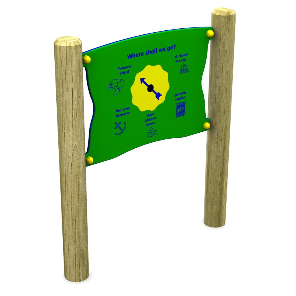 A green and yellow outdoor sign with wooden posts displays a spinner and directions for various activities, including Treasure Sand and Find some stepping stones.