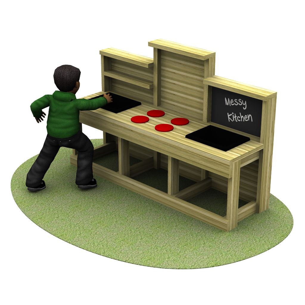 A child stands at a wooden play kitchen labelled Messy Kitchen, with red circular objects on the counter, on a patch of artificial grass.