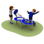 Two children interact with a blue and silver outdoor play apparatus mounted on grass, featuring rotating gears and circular cut-outs.