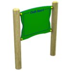 A green outdoor chalkboard with wooden posts, labelled Chalk Board at the top, with space for writing or drawing.