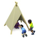 Three children play around a small beige tent; one child sits inside whilst another crawls in and the third stands outside.