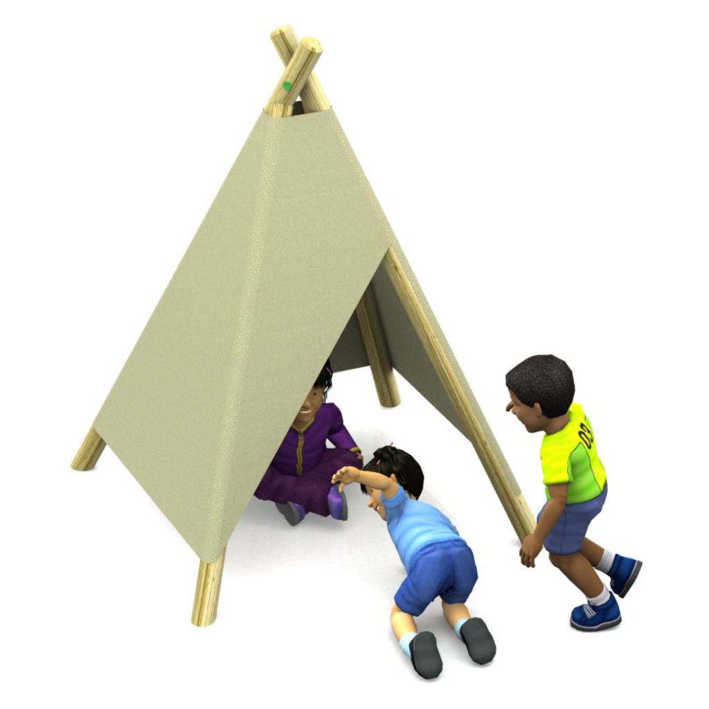 Three children play around a small beige tent; one child sits inside whilst another crawls in and the third stands outside.