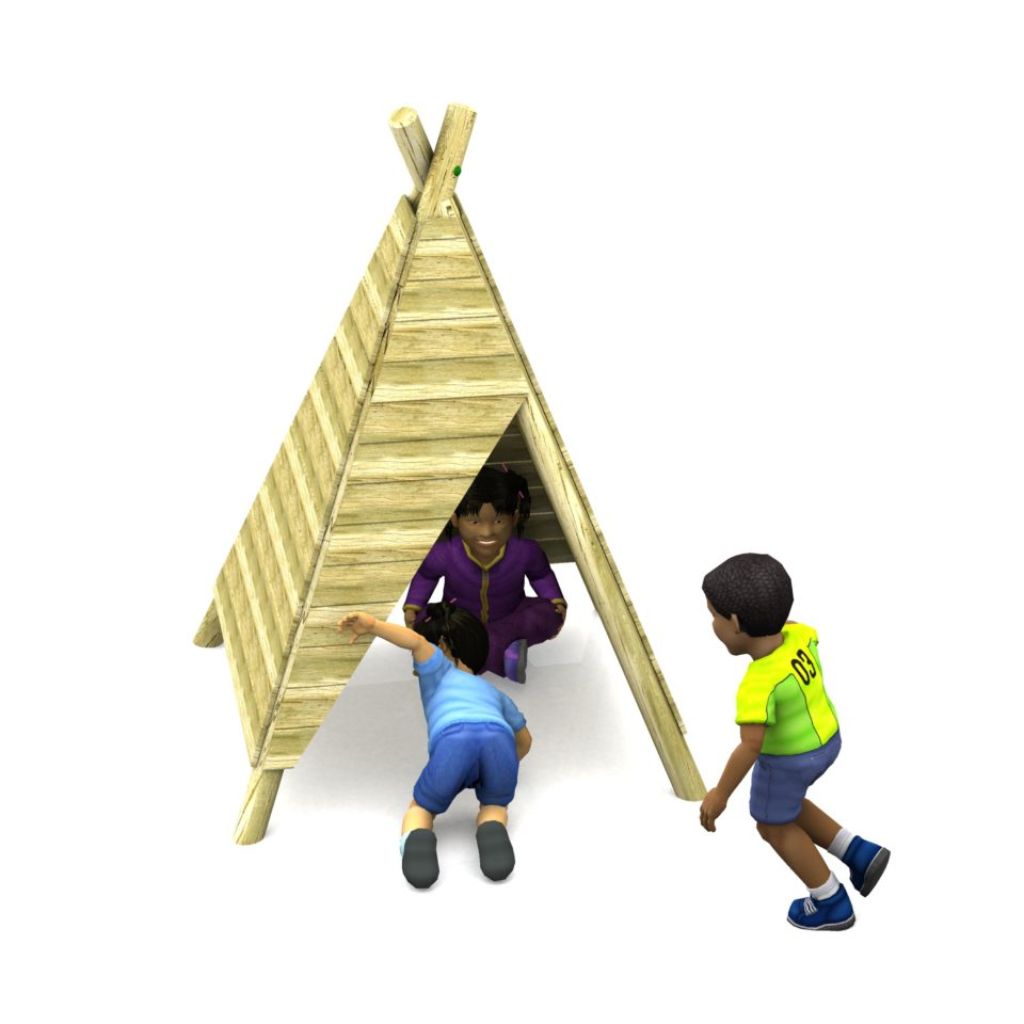 Three children play around and inside a small wooden triangular play structure. One child is crawling in, another is inside, and a third stands nearby.