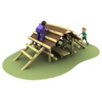 Three children play on a wooden climbing structure with ramps and steps, set on a green, oval-shaped mat.