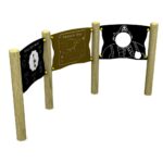 Three wooden posts support three playground panels: a question panel, a treasure map, and a pirate face cut-out for photo opportunities.