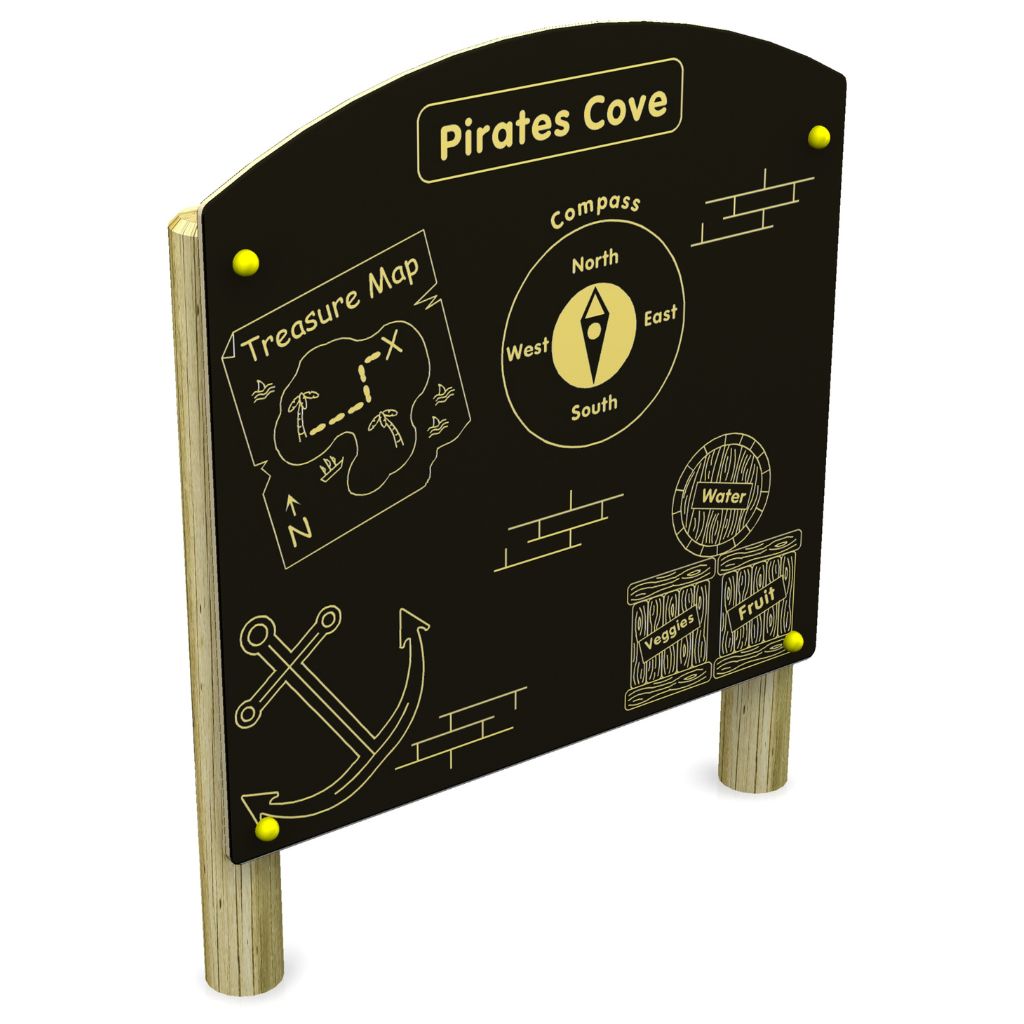 Black sign labelled Pirates Cove with drawings of a treasure map, compass, anchor, brick walls, and a crate marked water and fruit. Yellow accents; mounted on wooden posts.
