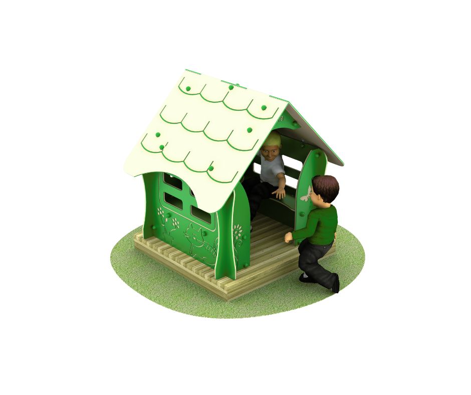 Two children play with a small green playhouse that has a patterned roof, windows, and sits on a wooden platform atop a circular green mat.