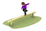 A child in a purple shirt carefully balances on a balance beam set on grass.