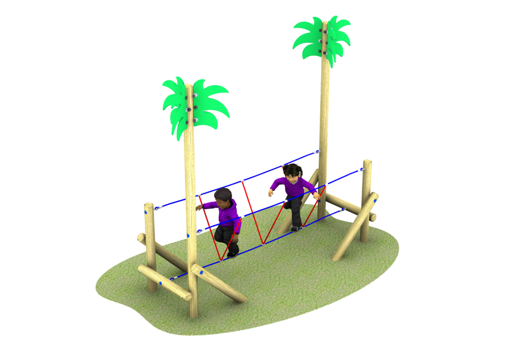 Two children walk on a Palm Tree Burma Bridge, featuring wooden supports and palm tree decorations, set on a patch of grass.