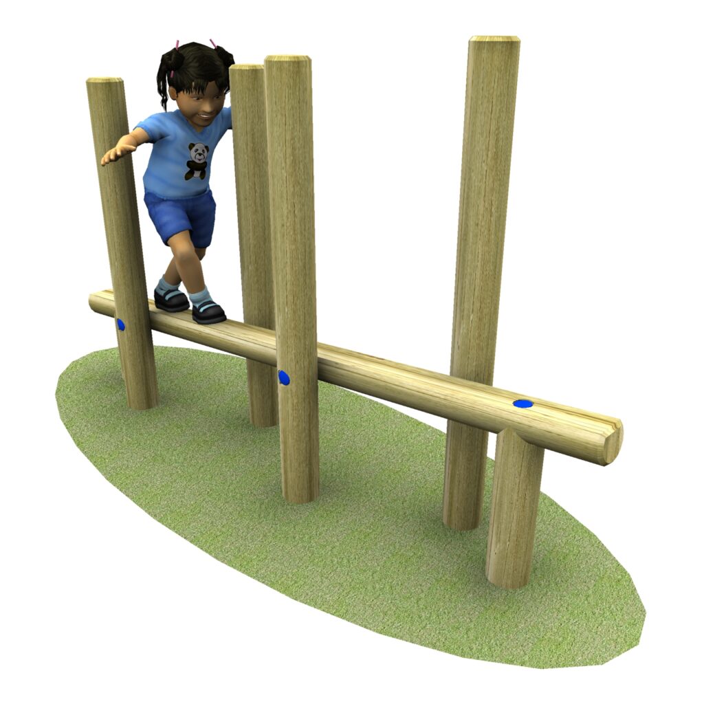 A young girl balances whilst walking on a wooden beam structure supported by vertical posts, with artificial grass beneath.