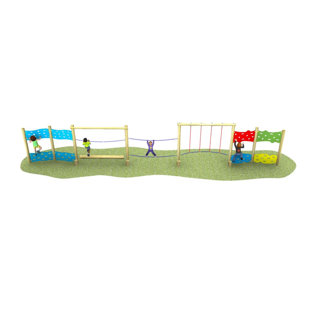 Children play on a playground structure featuring a rope bridge, monkey bars, and climbing walls over a grassy surface.