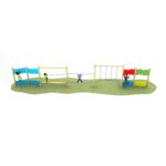 Children play on a playground structure featuring a rope bridge, monkey bars, and climbing walls over a grassy surface.