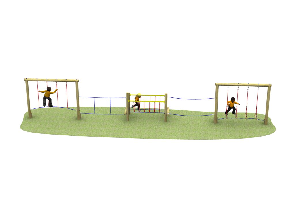 Three children play on a playground assault course featuring rope swings, balance beams, and climbing ropes on a grassy area.