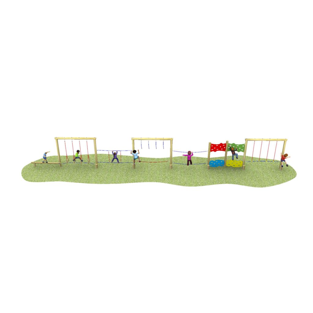 Children playing on a playground set with swings, monkey bars, and a climbing wall on a grassy area, viewed from above.
