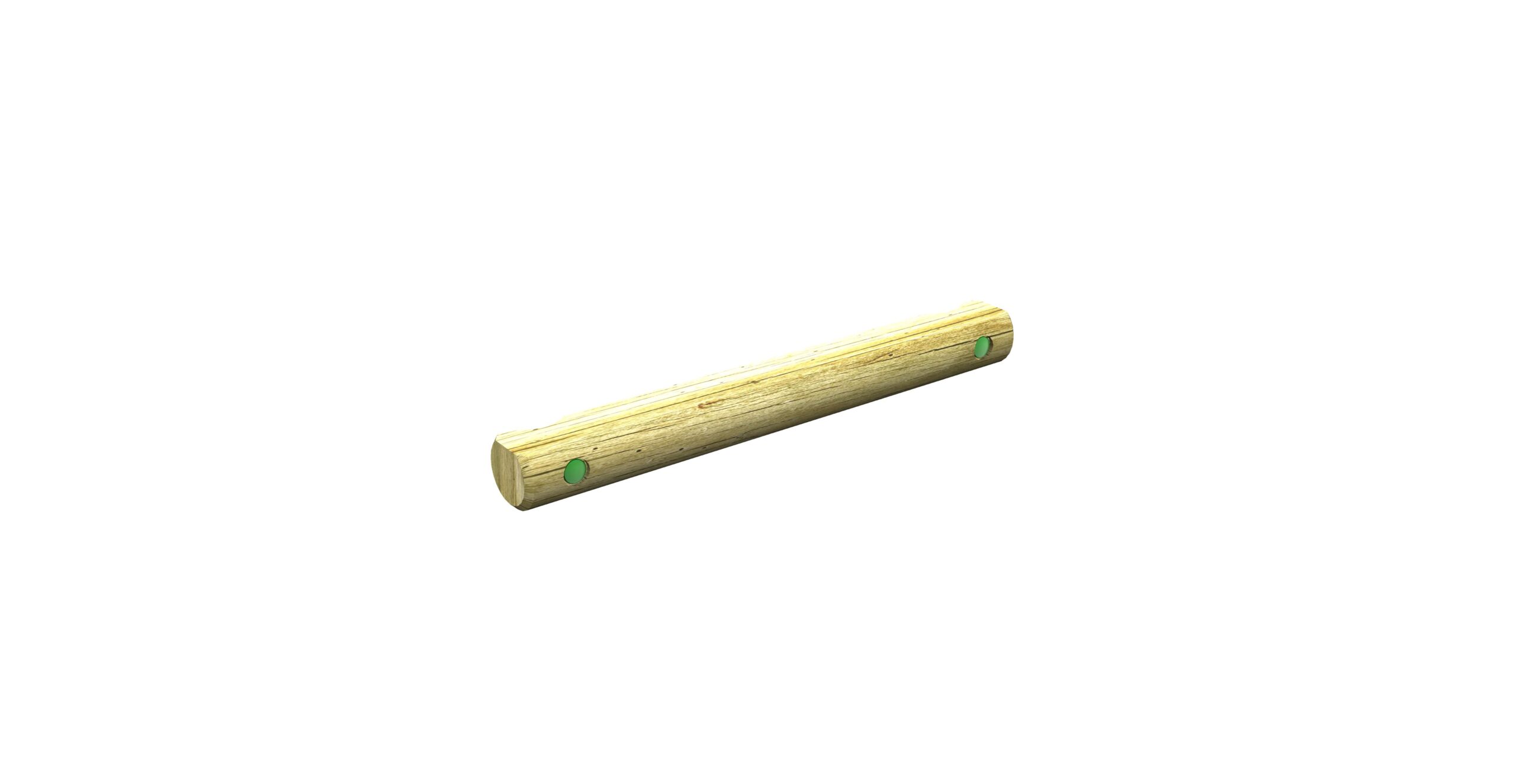 A cylindrical wooden log with smooth surfaces and two small green dots near each end, displayed on a white background.