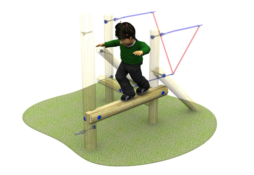 A child in a green shirt and black trousers balances on the Link Mini Balance Beam, a wooden structure set in a playground area with grass underneath.