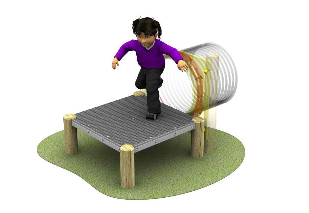 A child in a purple shirt steps off a raised Link Platform onto grass, with a large, transparent spinning wheel nearby.