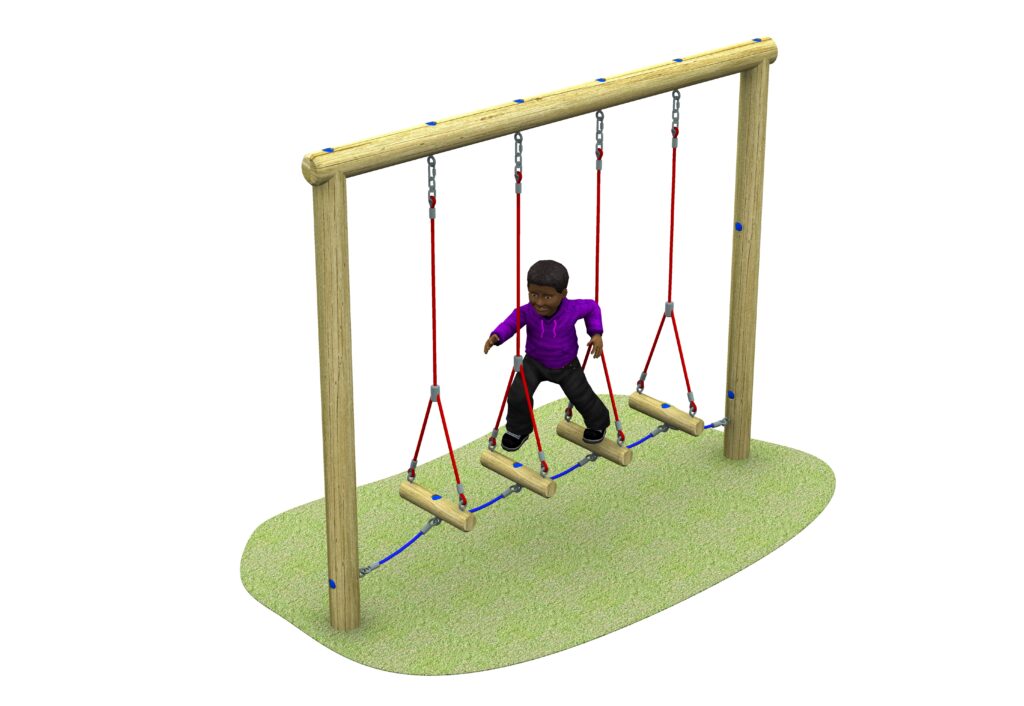 A wooden playground structure with four suspended log steps hanging from red ropes, supported by a wooden frame over a green ground area.