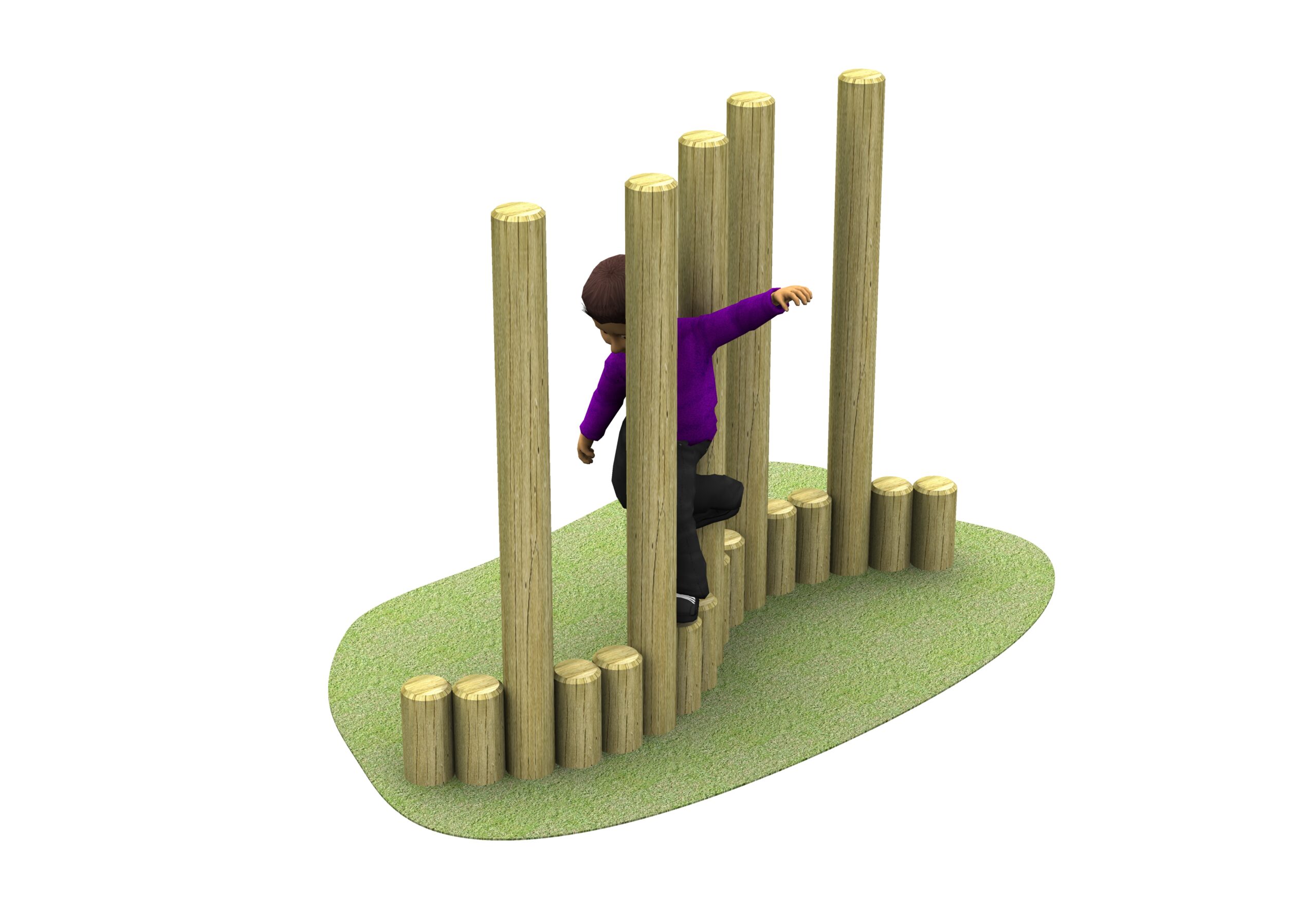 A group of wooden posts of varying heights arranged in a curved line on a green, irregularly shaped base.