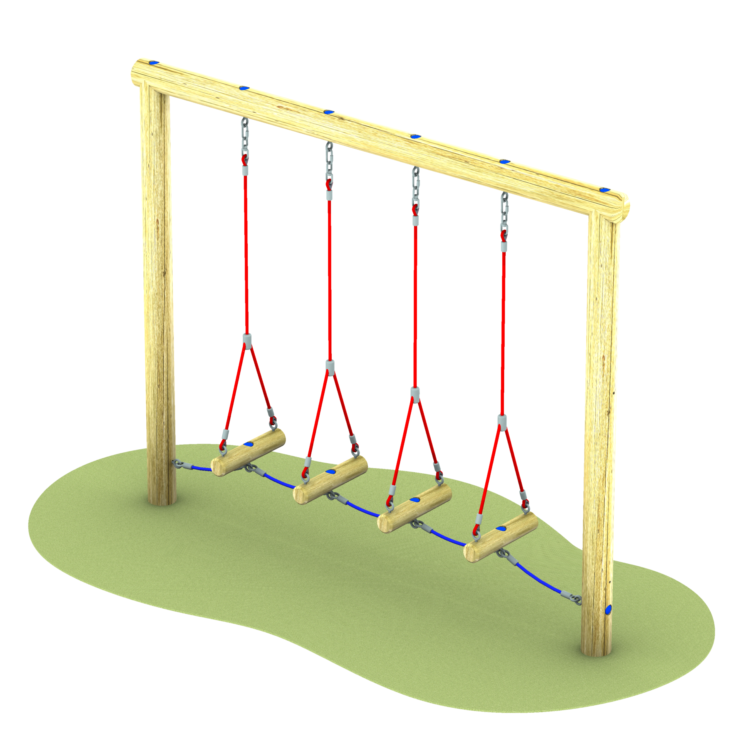 A wooden playground structure with four suspended log steps hanging from red ropes, supported by a wooden frame over a green ground area.