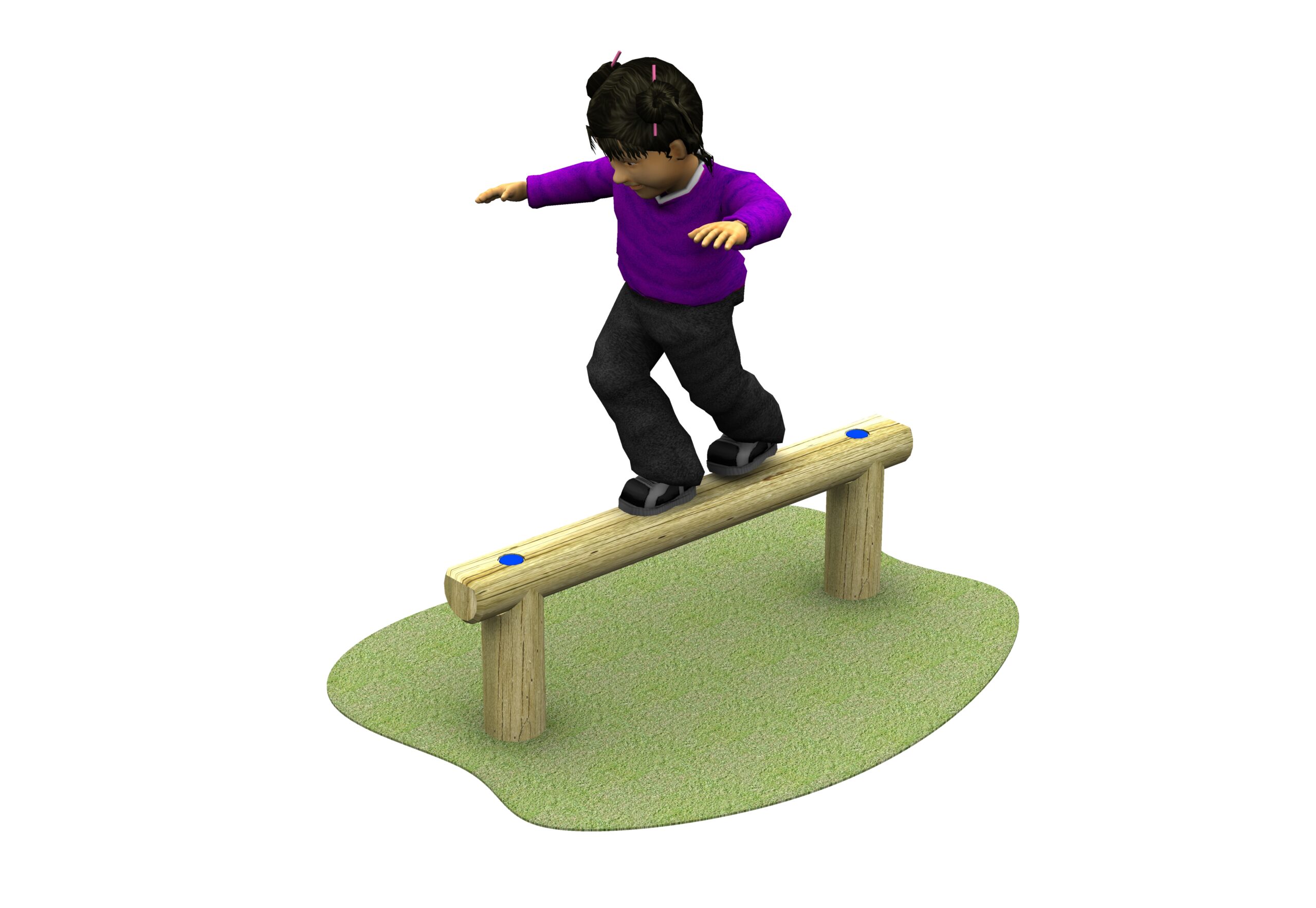A wooden balance beam with three posts standing on an oval patch of grass.