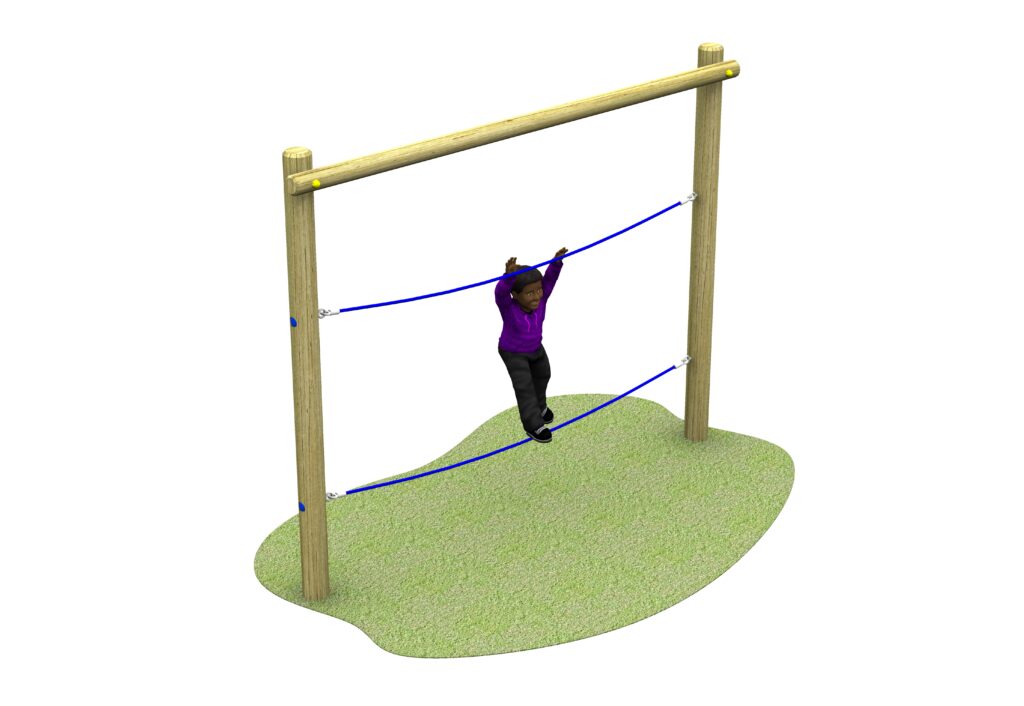 A simple playground balance rope structure with two parallel blue ropes attached to vertical wooden posts on a patch of green ground.