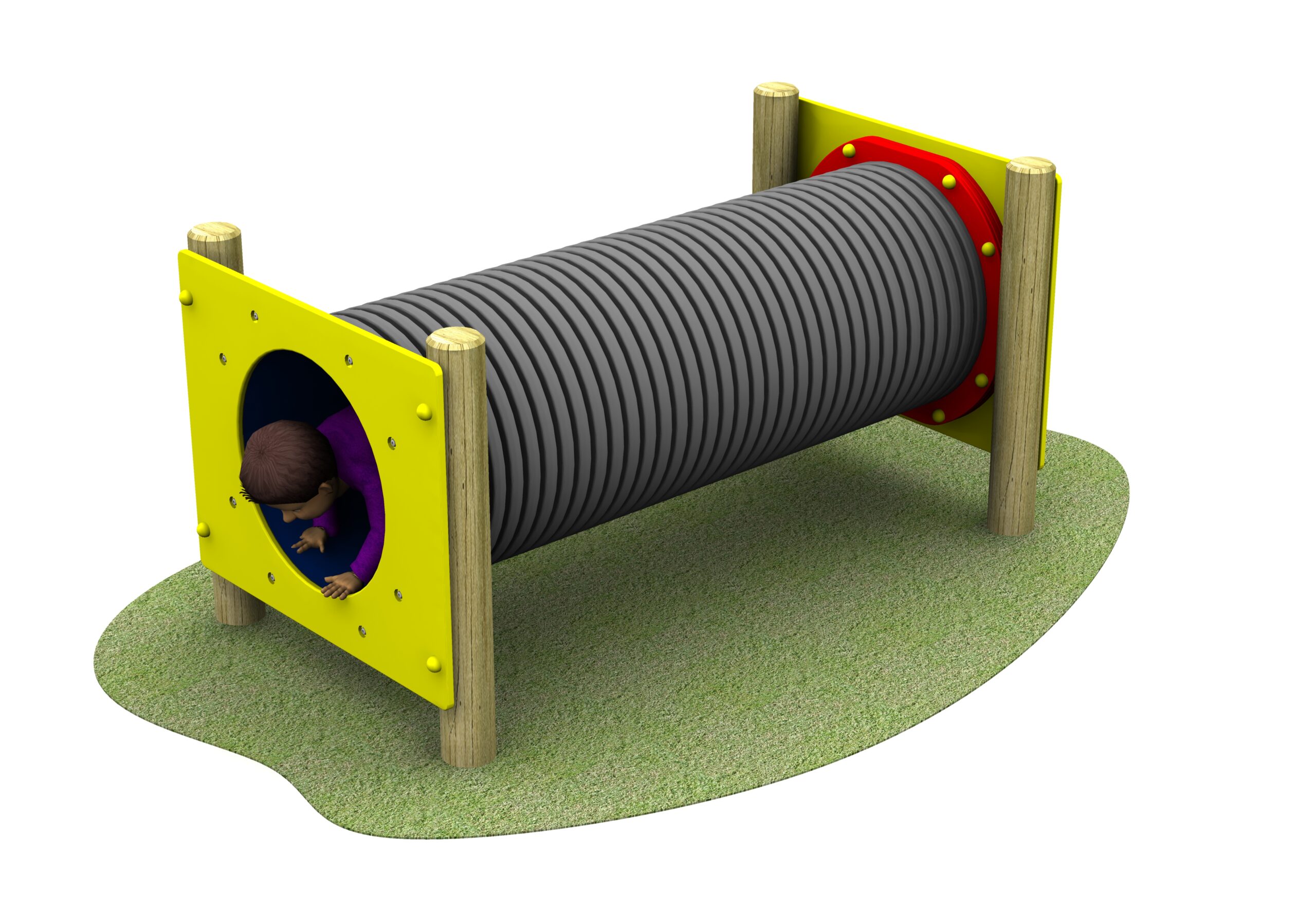 A child crawls through a black Poly Pull Through Tunnel with yellow end panels on a green safety surface.