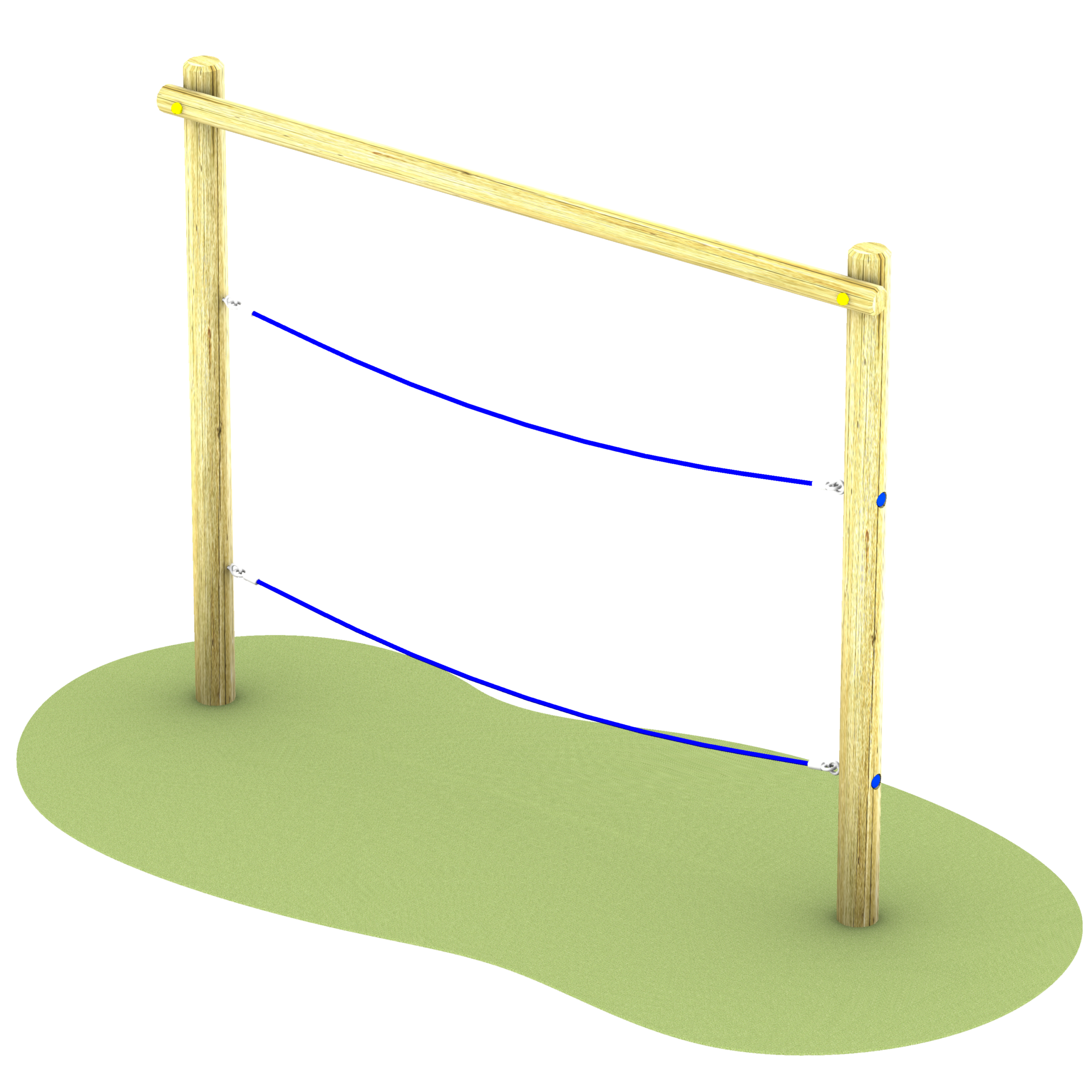 A simple playground balance rope structure with two parallel blue ropes attached to vertical wooden posts on a patch of green ground.