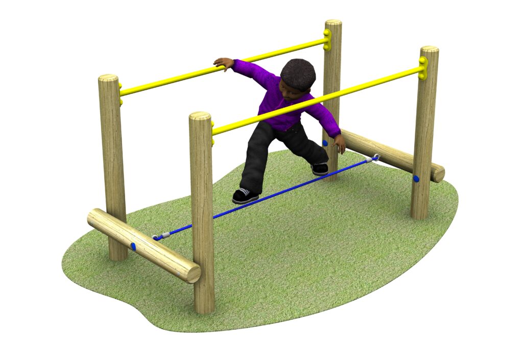 Wooden playground structure with two parallel yellow bars at different heights and one lower blue bar, set on a green surface.