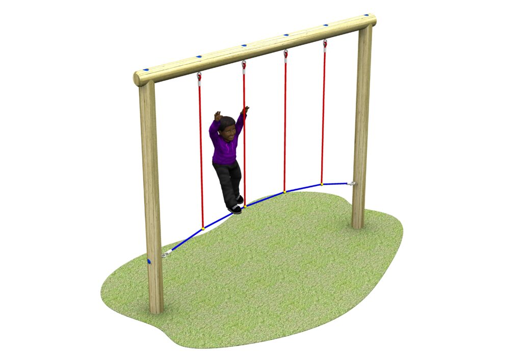A wooden playground frame with vertical red ropes hanging down and blue ropes connecting the bottom, all standing on a green patch.