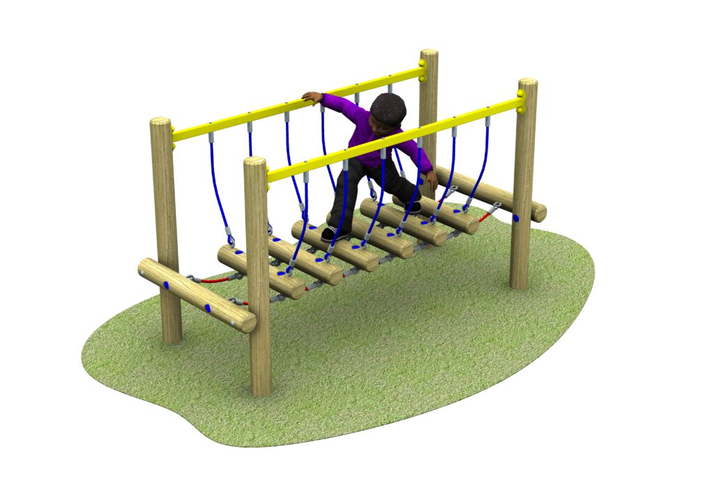 a child in a purple jumper using a wooden rickety bridge with yellow steel handles