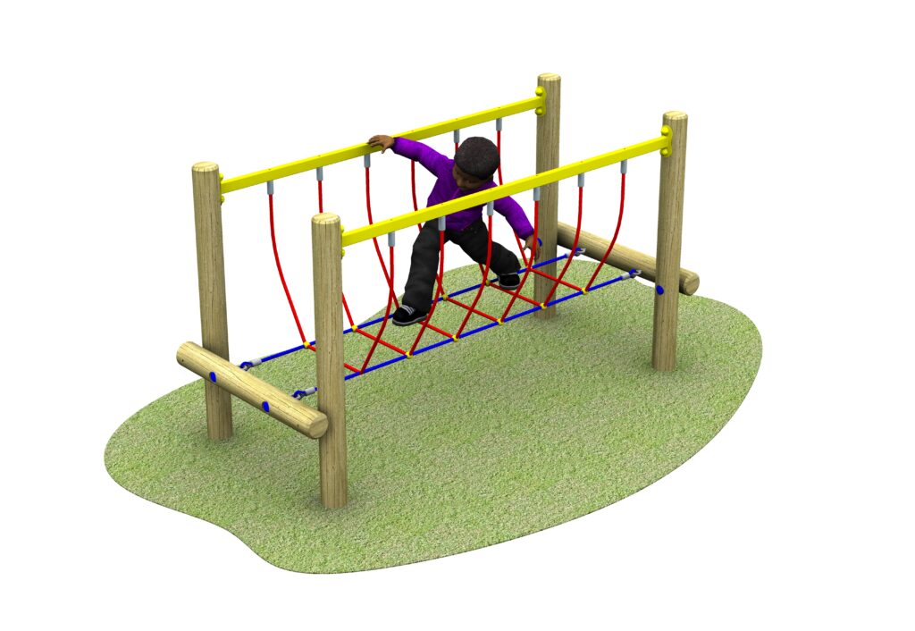 A child in a purple shirt climbs on a colourful rope bridge structure made of wooden posts, yellow bars, and red and blue ropes, on a patch of green ground.