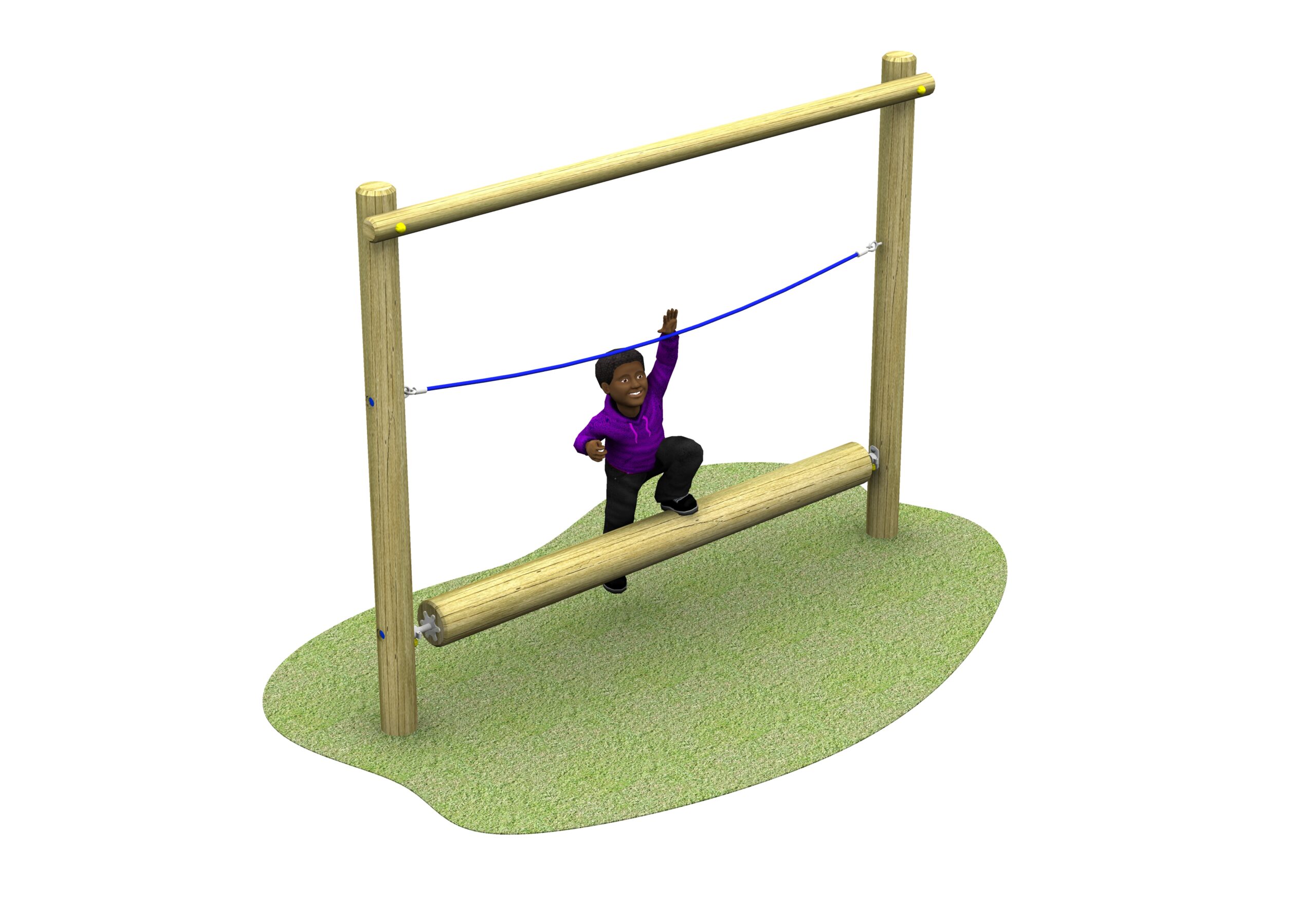 A child balances on the Rock & Roll Log Crossing, gripping a blue rope above, whilst standing on a patch of green ground.