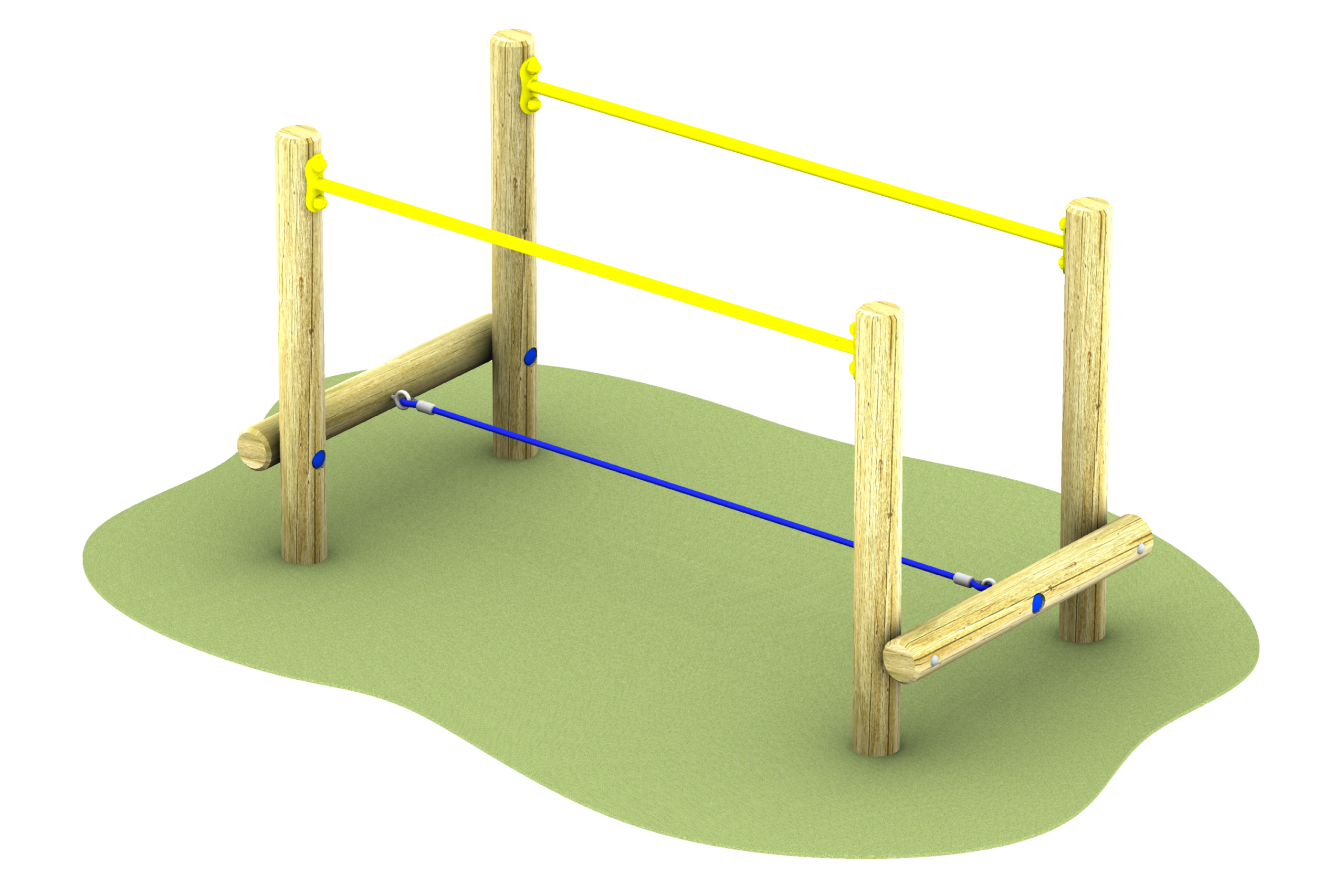 Wooden playground structure with two parallel yellow bars at different heights and one lower blue bar, set on a green surface.