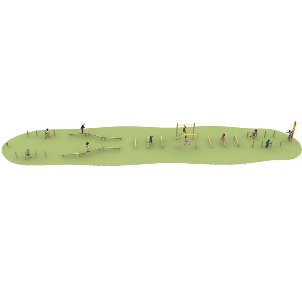 Children play on the Athens Sports Challenge Trail, a long, narrow outdoor playground featuring balance beams, climbing structures, and obstacle course elements on a green surface.