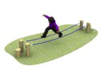 A simple playground balance activity featuring two parallel blue ropes suspended between sets of vertical wooden posts on a green surface.