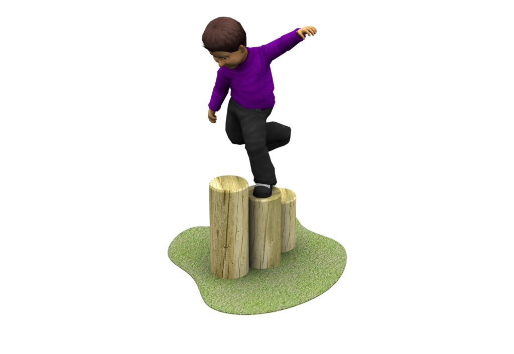 a child in a purple jumper using 3 wooden logs on grass