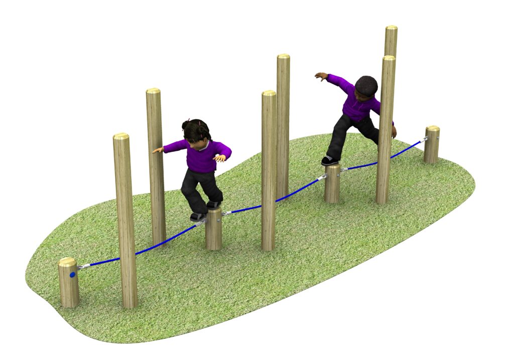 Five wooden posts are arranged in a line on green ground with a blue rope connecting them horizontally.