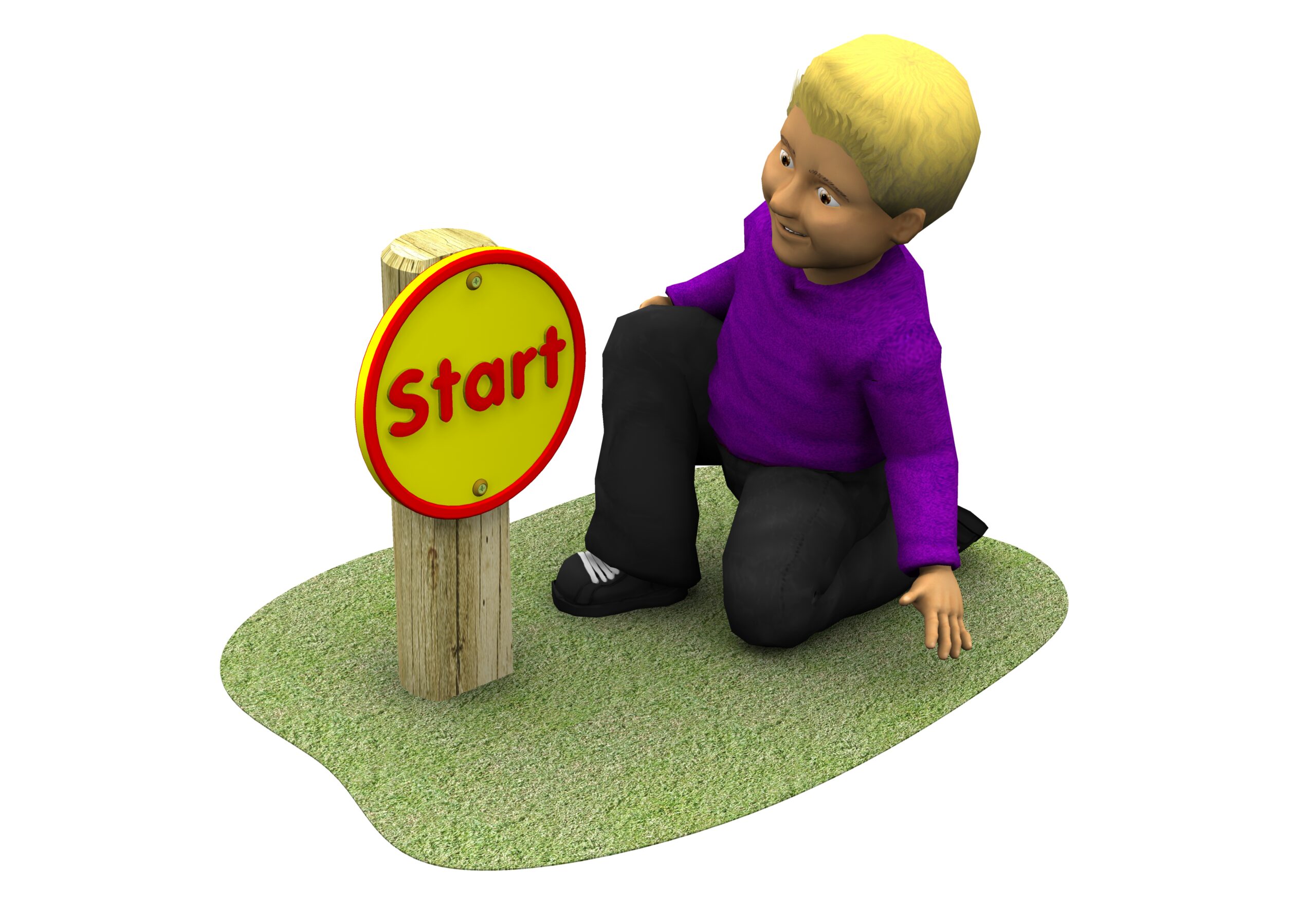 A child kneels on grass next to a wooden post with a yellow and red Sports Challenge Start Sign.