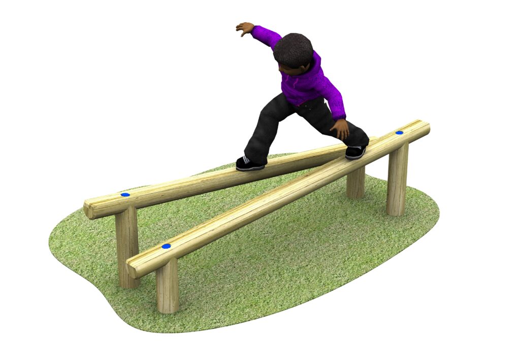 A child in a purple jacket balances on intersecting 2.4m Twin Crossover Balance Beams set on grass.