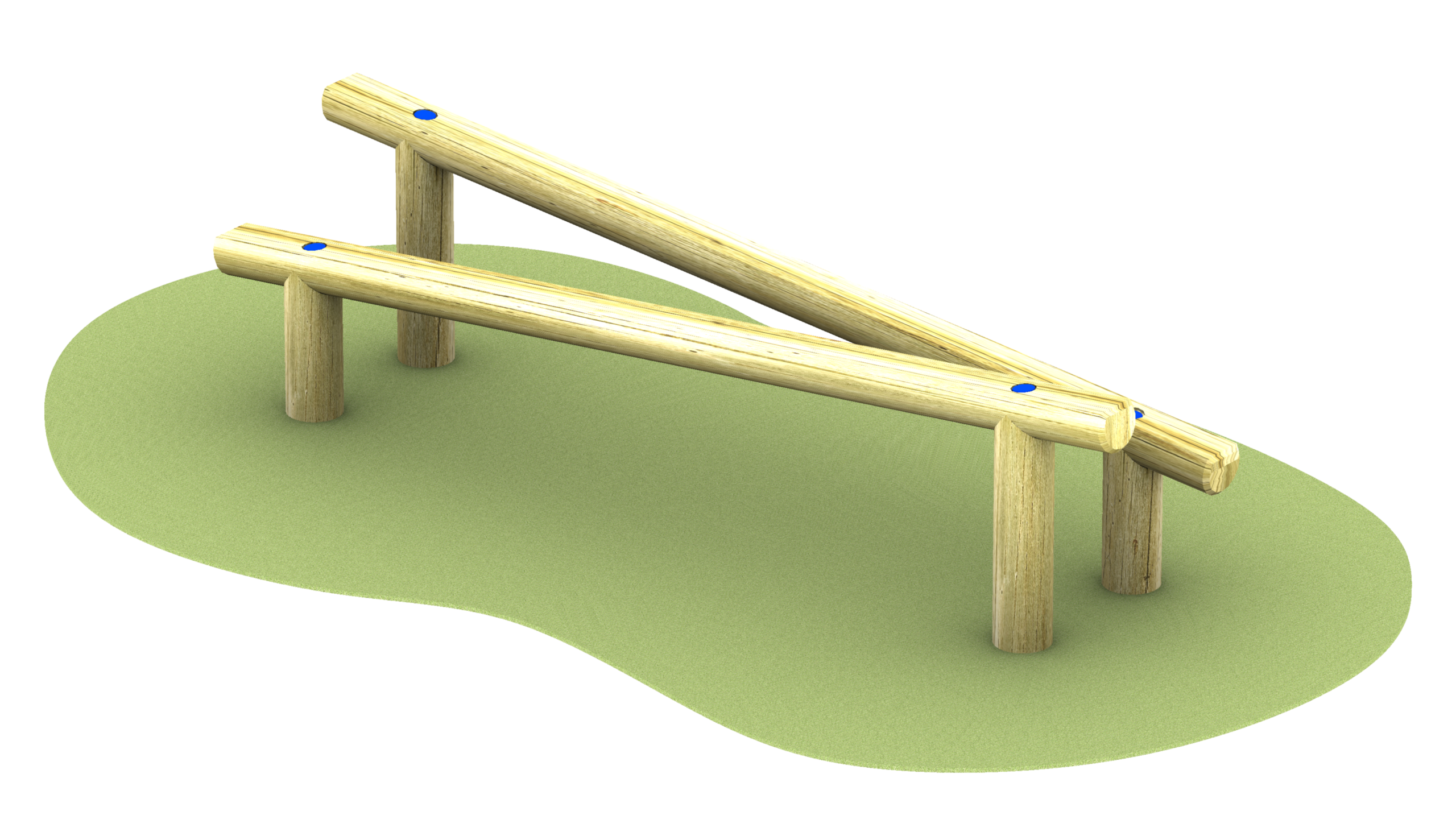Wooden playground climbing beams set at an angle on a patch of green ground, supported by vertical posts.