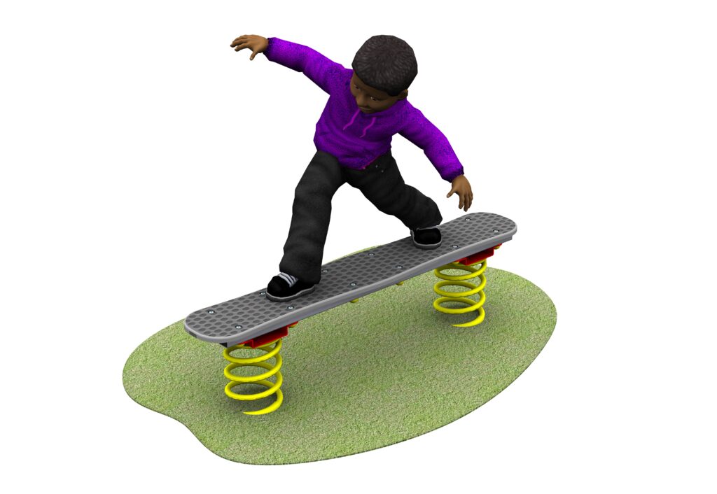 A child using a grey, rectangular playground balance bench with three yellow metal spring supports underneath.