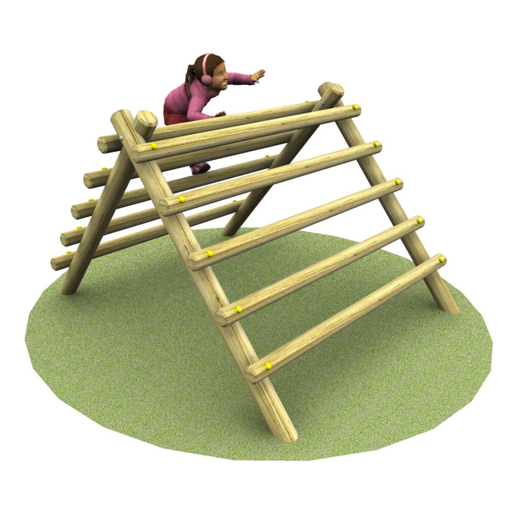A child in a pink outfit climbs on a wooden playground structure with horizontal bars on a patch of green grass.